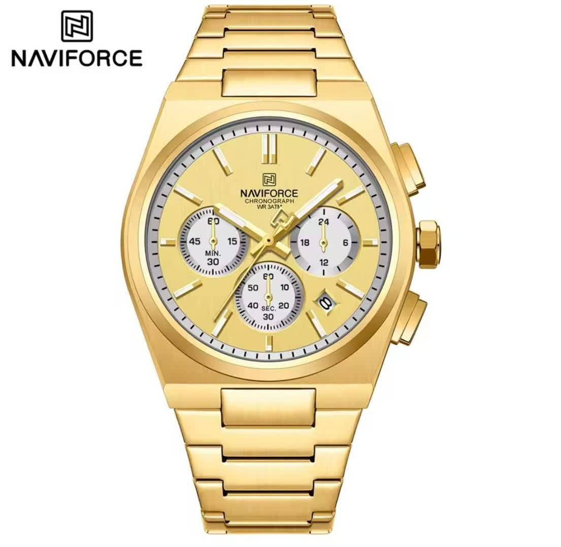 ساعت مچی کرنوگراف مردانه نيوی فورس NAVIFORCE مدل Nf8048 موتور ژاپن طلايی