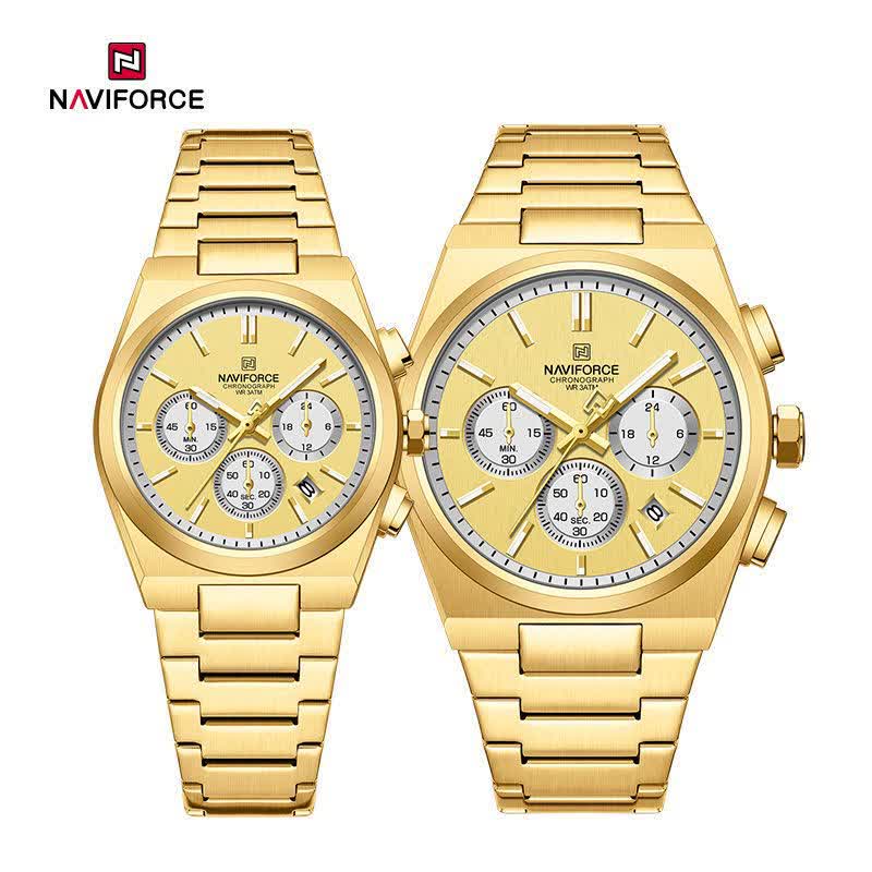 ست ساعت مچی زنانه و مردانه کرنوگراف نيوی فورس NAVIFORCE مدل Nf8048 موتور ژاپن طلايی