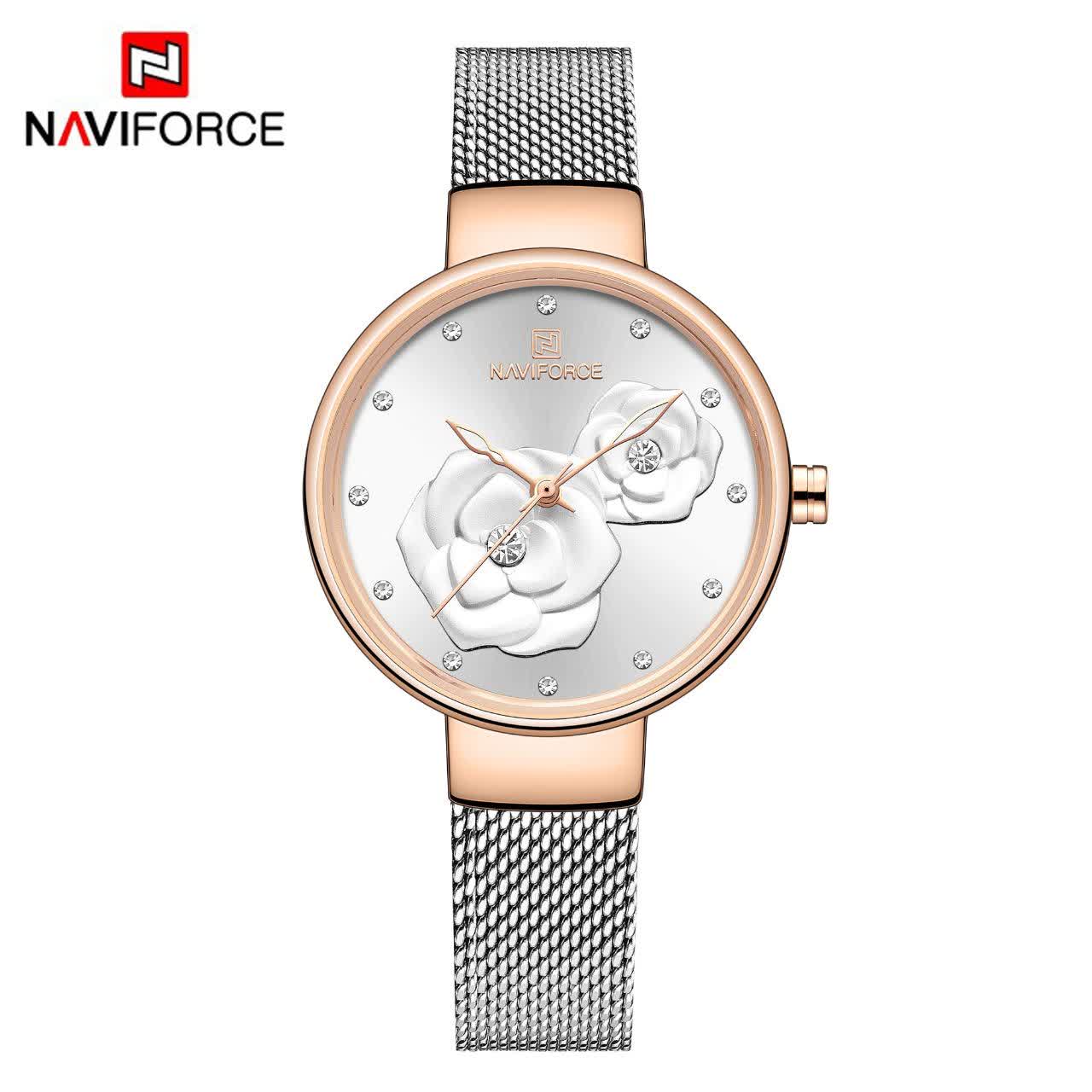 ساعت مچی نيوی فورس زنانه حصيری طرح گل NAVIFORCE مدل NF5013 نقره ای