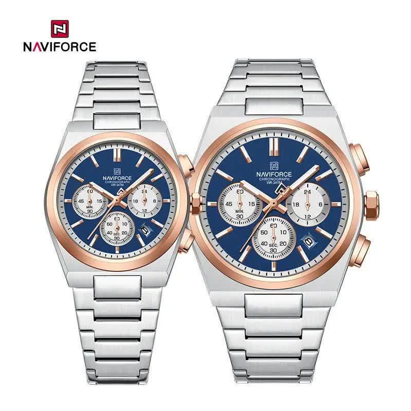 ست ساعت مچی زنانه و مردانه کرنوگراف نيوی فورس NAVIFORCE مدل Nf8048 موتور ژاپن نقره ای آبی