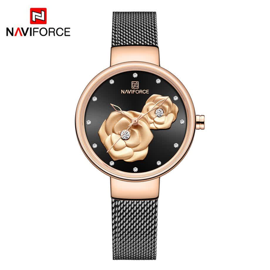 ساعت مچی نيوی فورس زنانه حصيری طرح گل NAVIFORCE مدل NF5013 مشکی