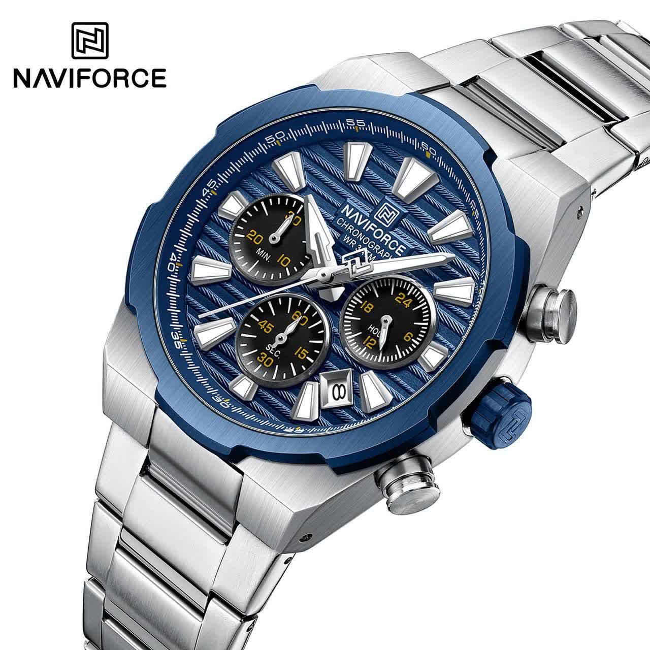 ساعت مچي کرنوگراف مردانه نيوي فورس NAVIFORCE مدل Nf8081 صفحه آبي موتور ژاپني