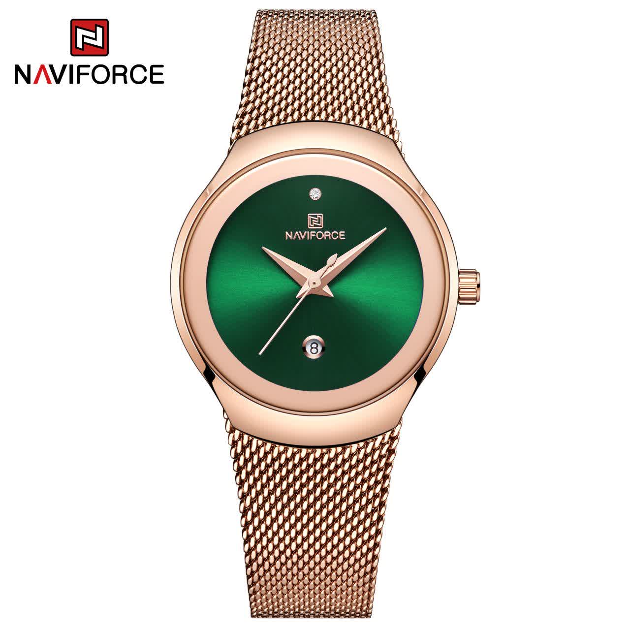 ساعت مچی عقربه ای زنانه نيوی فورس NAVIFORCE مدل Nf5004 موتور ژاپن صفحه سبز
